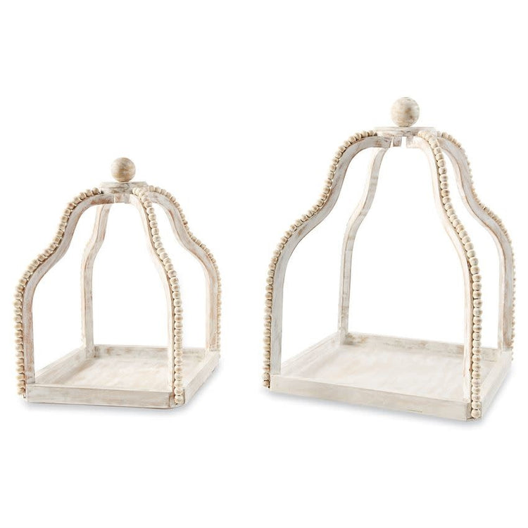 White-washed mango wood open-air beaded lantern with top knob finials