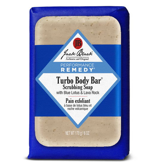 Turbo Body Bar Scrubbing Soap bar with lava rock texture in beige packaging