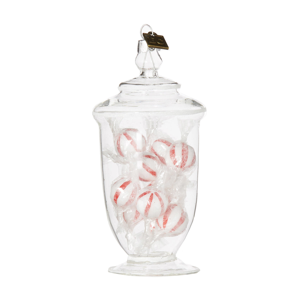 Glass peppermint candy jar ornament with red striped lid