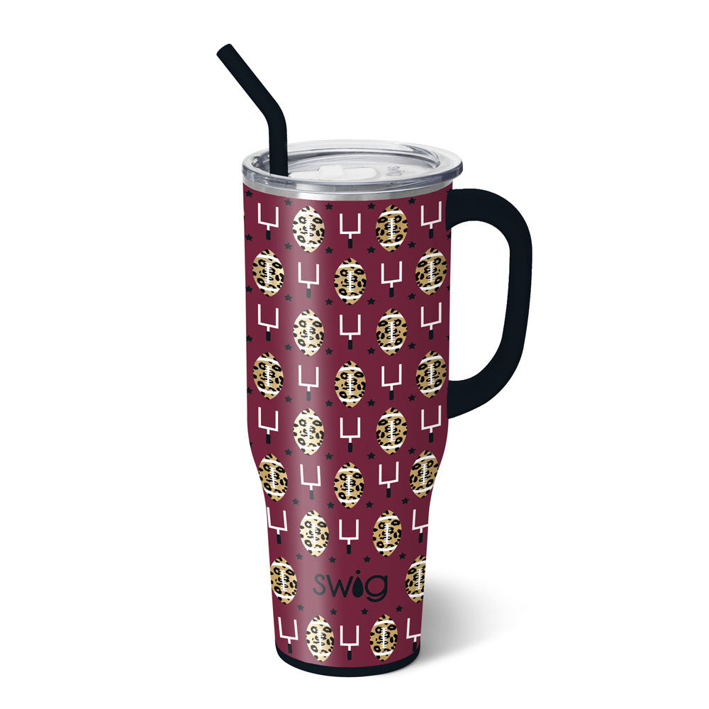Maroon insulated stainless steel Mega Mug with black silicone base and comfort-grip handle.