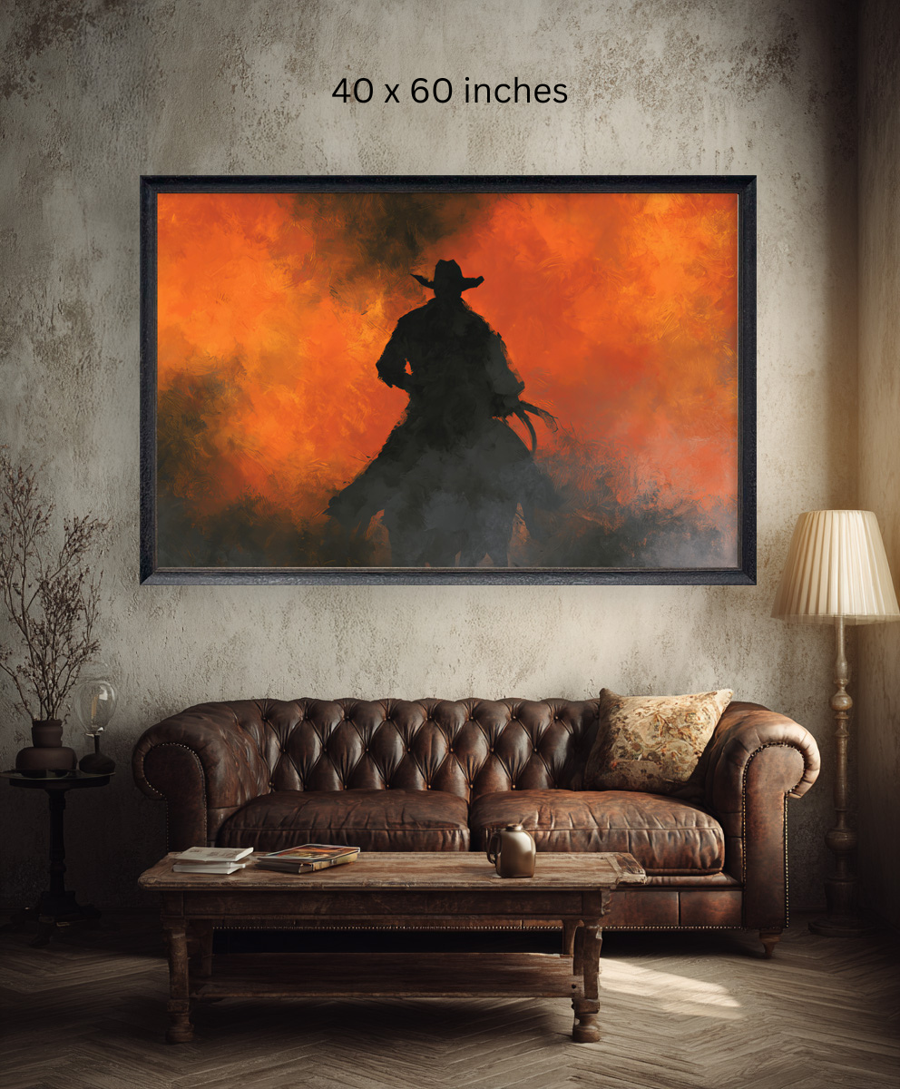 OSU Cowboys Lifestyle Print DS featuring a silhouette of a cowboy on a horse against orange clouds.