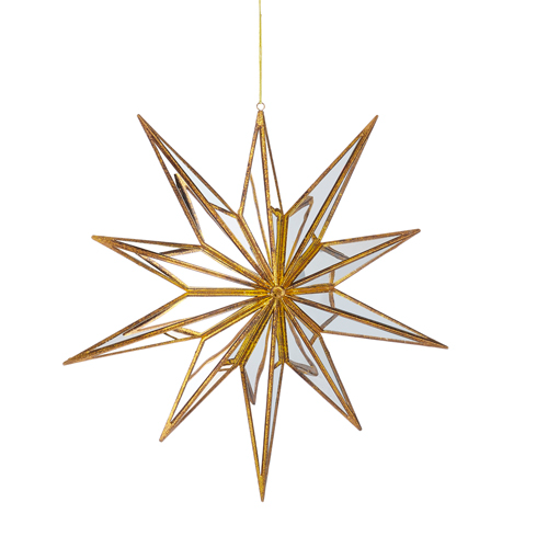 Large plastic star ornament with mirrored finish reflecting light