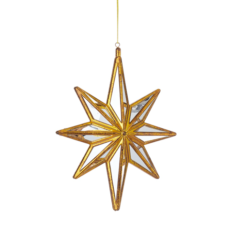 10.5-inch gold-framed star ornament with mirrored panels for a reflective Christmas tree decoration.
