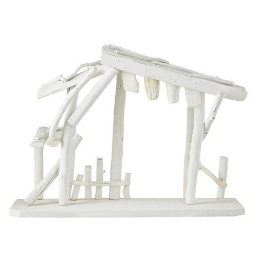 Whitewashed driftwood creche measuring approximately 20.5 inches in length.