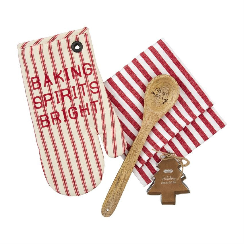Tartan cotton oven mitt with rolled hand towel, mango wood spoon, and metal cookie cutter.