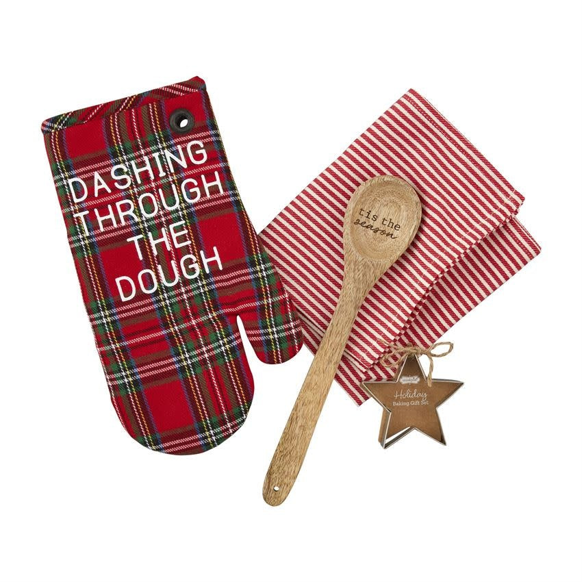 Tartan cotton oven mitt with rolled towel, mango wood spoon, and metal cookie cutter.