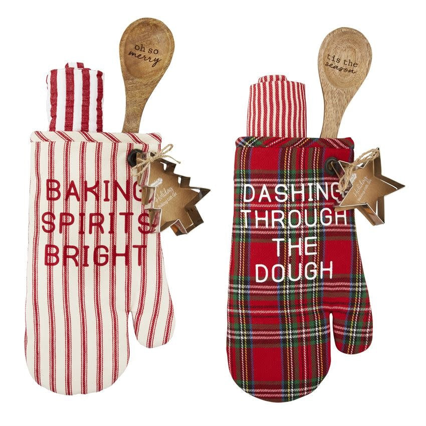 Tartan cotton oven mitt with rolled hand towel, mango wood spoon, and metal cookie cutter.