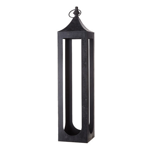 Tall, black iron lantern with a minimalist, open-frame rectangular silhouette and a top ring handle.