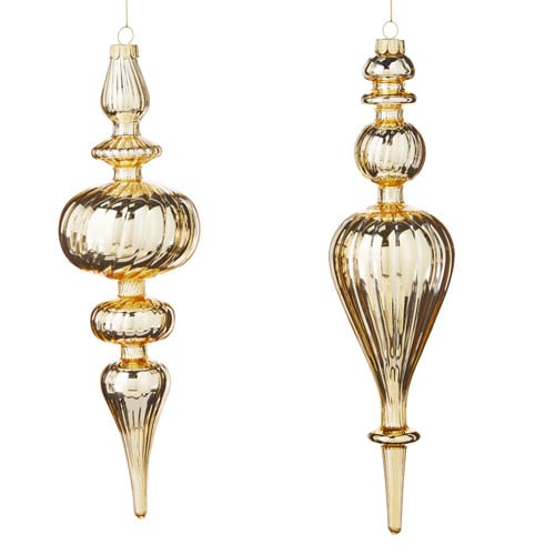Two 11-inch gold glass finial ornaments with ribbed, elongated silhouettes.
