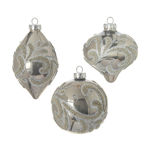 Silver glass round ornament with beaded scroll pattern