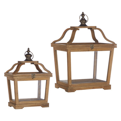 Wood lantern with glass panels featuring a vintage-inspired rustic design