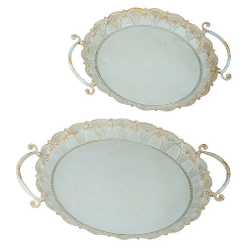 Powder blue distressed iron tray with ornate scalloped edges