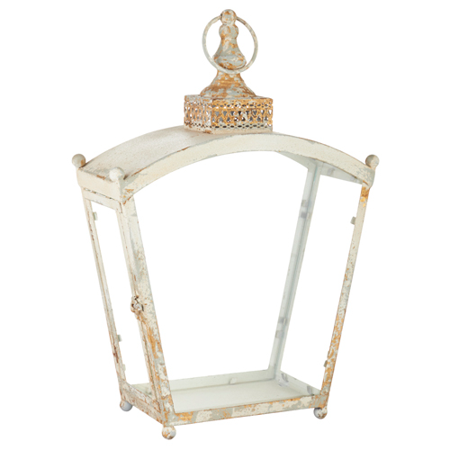 Tall distressed iron lantern with glass panels in an antiqued finish.