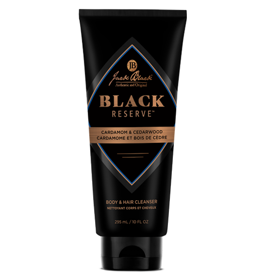 Black Reserve Body & Hair Cleanser bottle in black with white text.