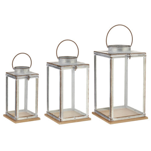 Galvanized metal lantern with wood accents and glass panels