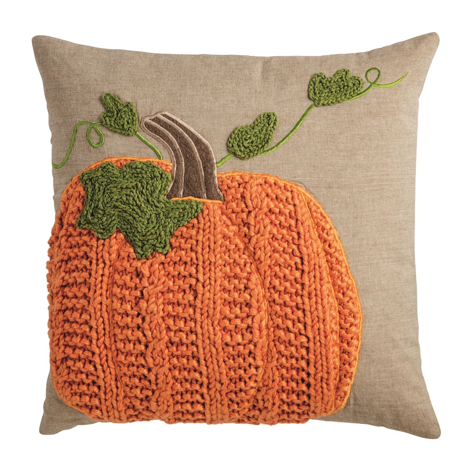 Square beige pillow with a textured orange knit pumpkin, brown stem, and green vine embroidery.