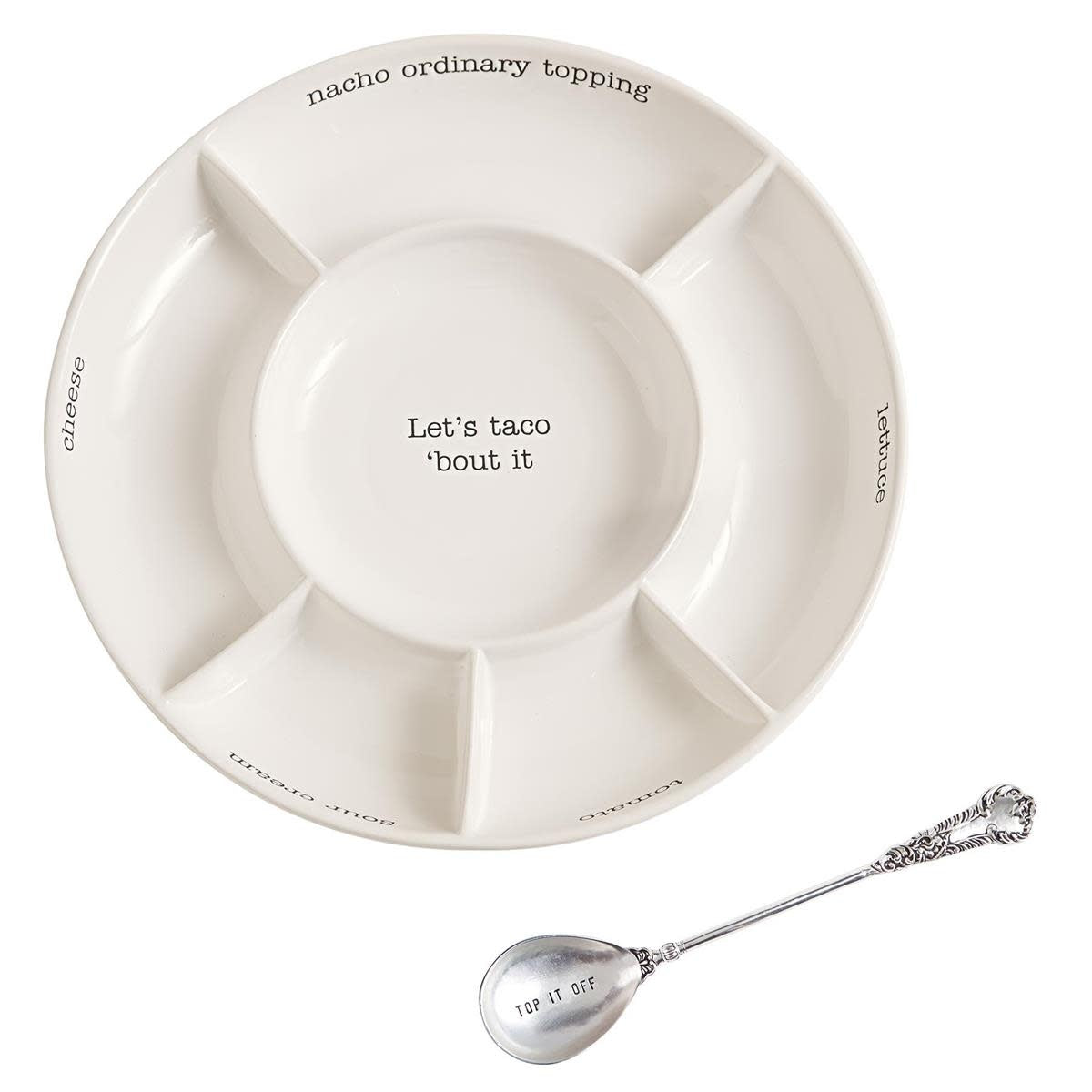 Ceramic taco bar server with recessed topping labels and vintage silver-plate spoon