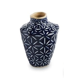 Blue stoneware bud vase with debossed mosaic pattern.