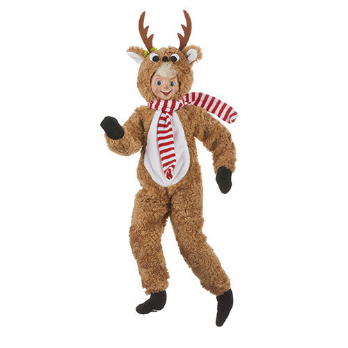 Posable elf figurine in a brown polyester suit with tall antlers and red-and-white striped scarf.