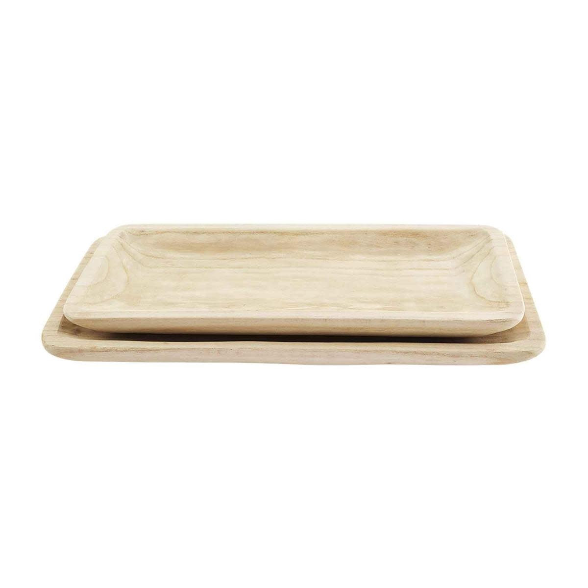 Two rectangular Paulownia wood dough bowl trays measuring 30½ inches by 17½ inches.