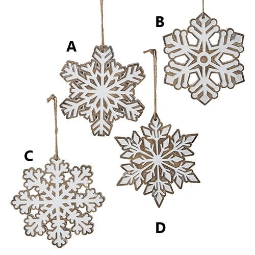 Resin snowflake ornament with a white crystalline pattern on a silver background.