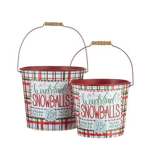 Metal bucket with colorful plaid pattern featuring Wonderland Snowballs logo on front