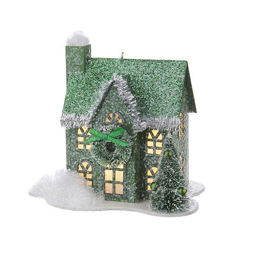 4.75-inch lighted paperboard house ornament with glowing interior.