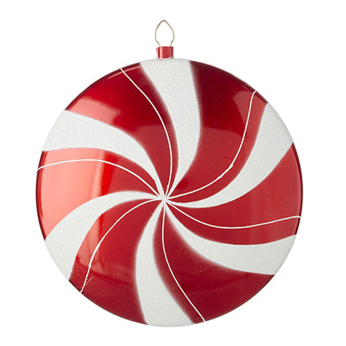 12-inch round plastic peppermint candy ornament with a red and white swirl pattern.