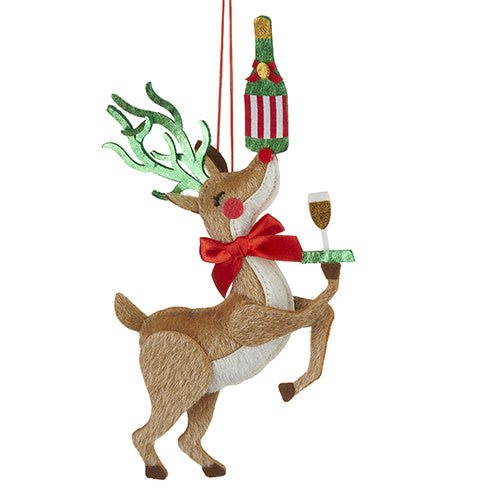 9.5-inch polyester felt ornament shaped like a happy reindeer with metallic green antlers holding champagne on its red nose.