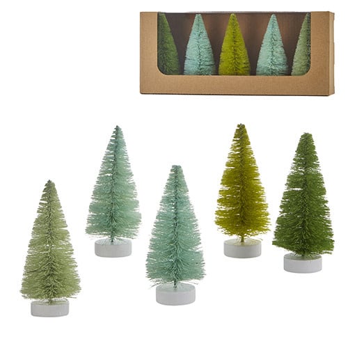 Set of five 4-inch sisal bottle brush trees in various shades of green with MDF bases.