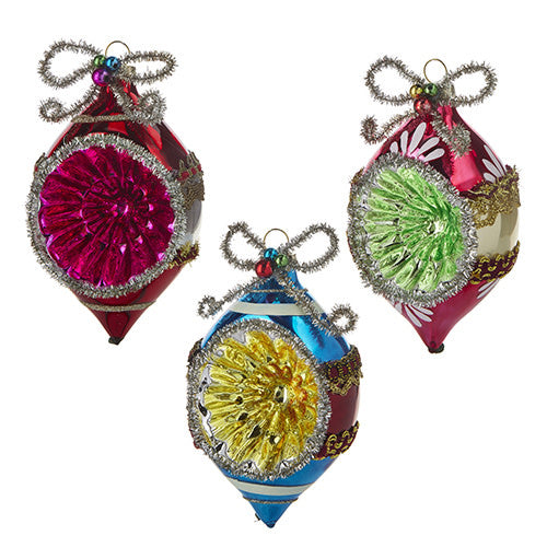 Glass vintage tinsel ornament with silver metallic finish in a classic teardrop silhouette.