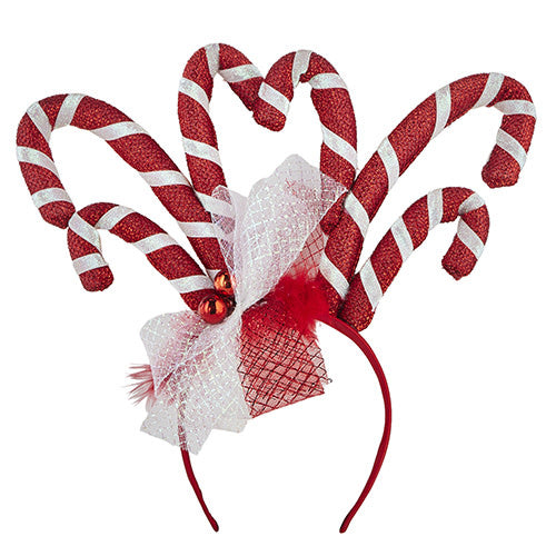 Black polyester headband with white plastic candy cane antlers measuring 13 inches tall.