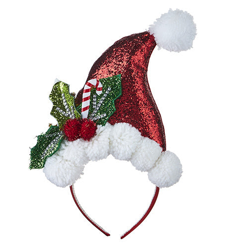 Red polyester Santa hat headband with green holly leaves.
