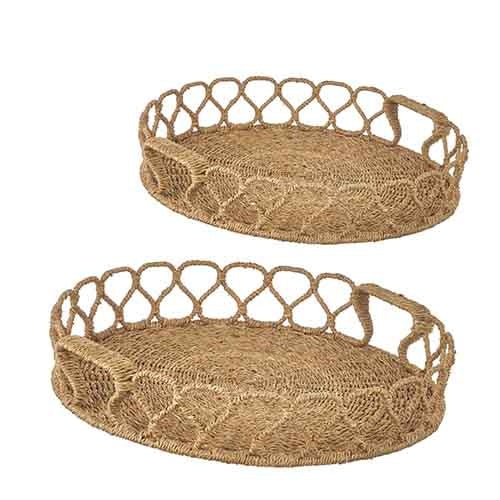 Square seagrass rattan tray with looped handles in natural beige tones