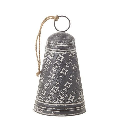 11.5-inch galvanized iron bell with a dark gray finish, white stamped pattern, and linen rope.