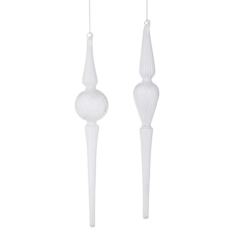 White glass Christmas tree finial ornament with a decorative top shape.