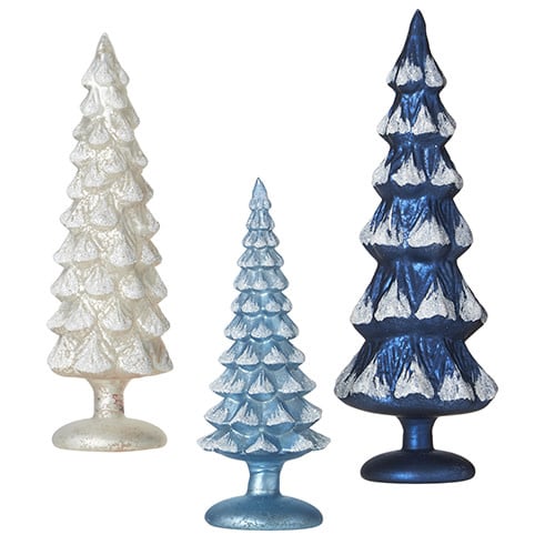 Blue pewter glass tree with glitter finish falling snow effect