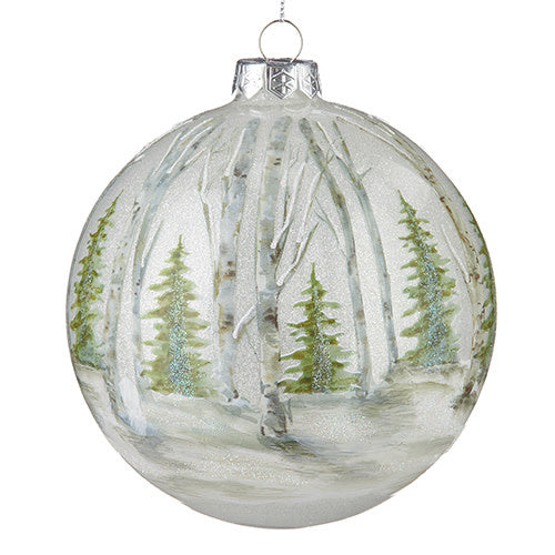Five-inch glass ball ornament with a birch forest tree bark pattern.