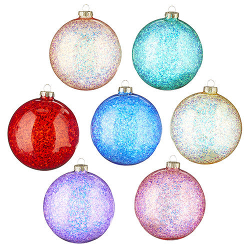 Five-inch glass glittered ball ornament with festive sparkle
