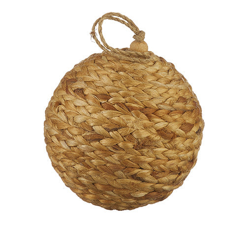 Five-inch spherical woven ornament made from jute with a natural texture.