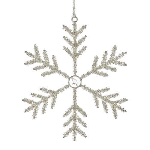 Glass snowflake ornament with iron beading in a white winter pattern.