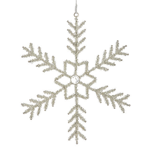 Nine-inch glass snowflake ornament with iron beading in a white pattern.