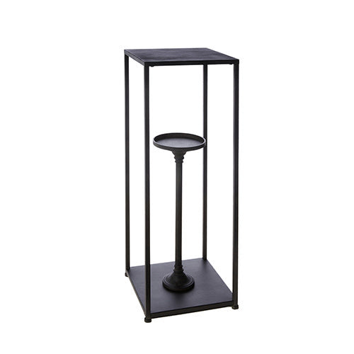 Black iron 36-inch box frame candle holder with a central pedestal for a pillar candle.