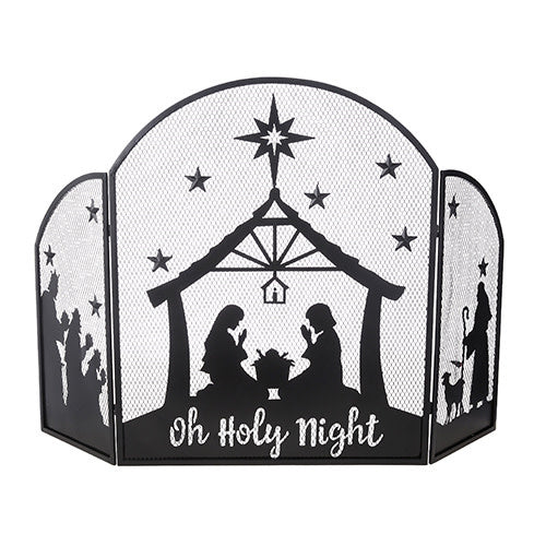 Iron nativity fire screen with a standing figure silhouette in black finish.