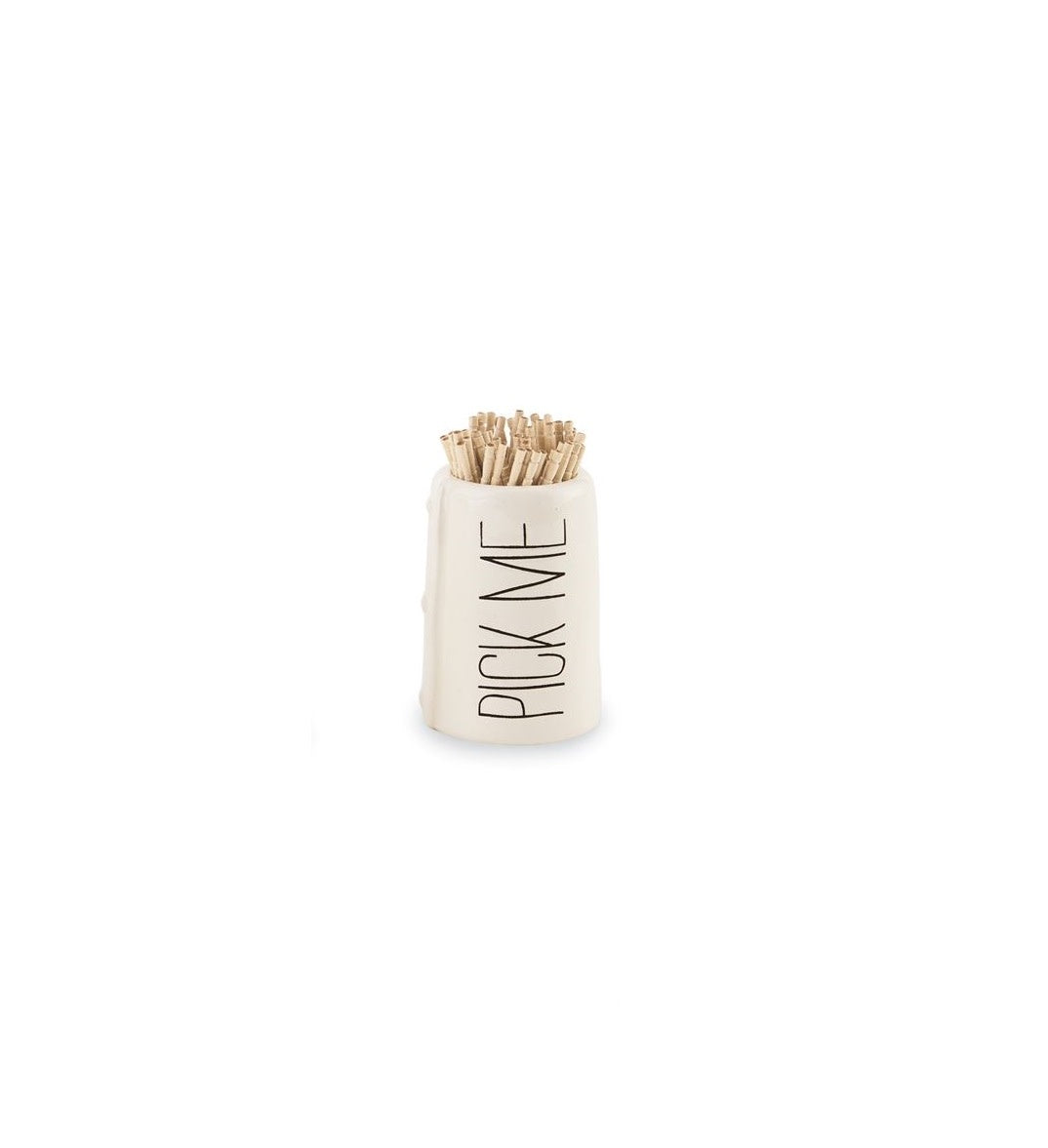 Ceramic bistro toothpick holder with debossed sentiment text, hand-painted stripes, and raised accent studs.