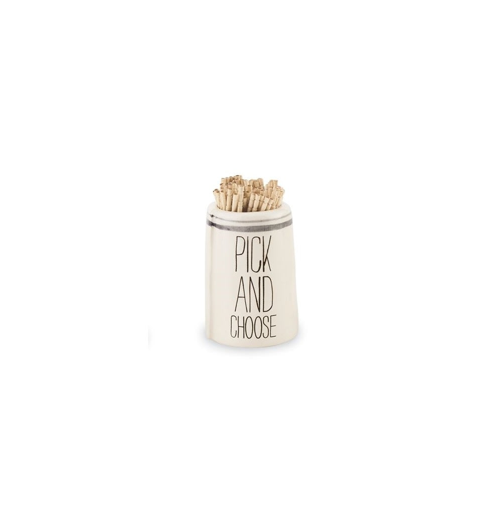 Ceramic bistro toothpick holder with debossed sentiment text, hand-painted stripes, and raised accent studs.
