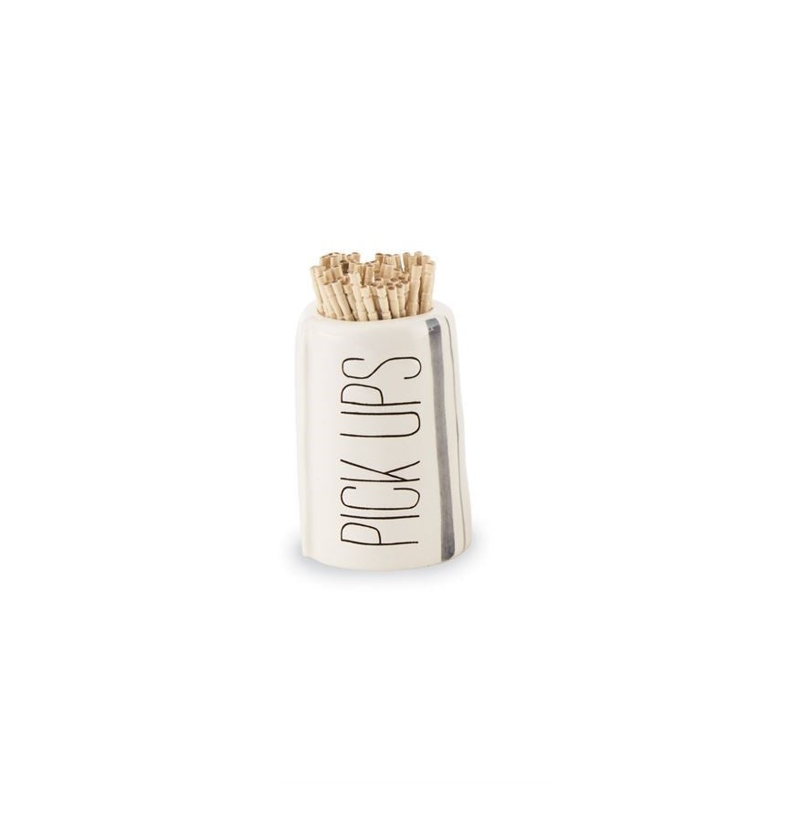 Wrapped ceramic bistro toothpick holder in dolomite with debossed sentiment exterior, hand-painted stripes, and raised accent studs.