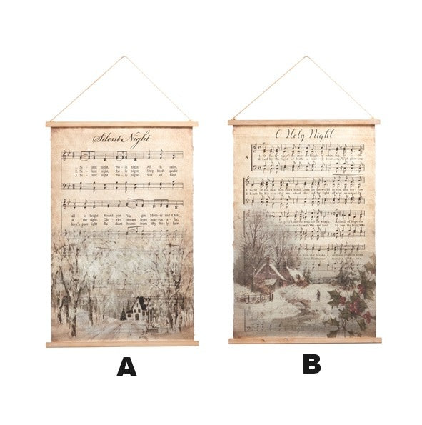 Hanging tapestry featuring black music sheet notes on a light wood background.