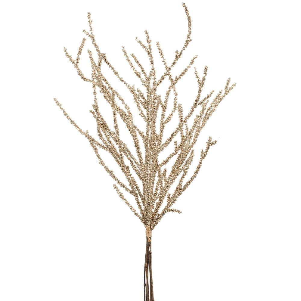 Bundle of six gold glittered bamboo twig mini berries on a white background.