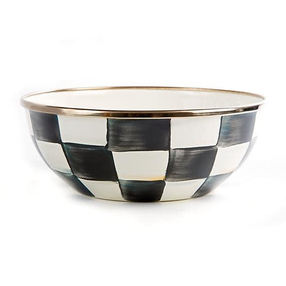 Hand-painted Courtly Check enamel bowl with glossy high-contrast checks on heavy-gauge steel and bronzed stainless rim.